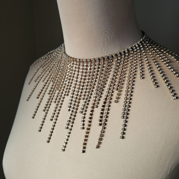 Sparkly Gold & Crystal Tassel Fringe Statement Choker Necklace - Picture 2 of 10